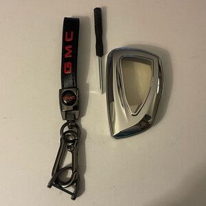 GMC key fob Keychain in Black leather and key fob cover in silver NWT
